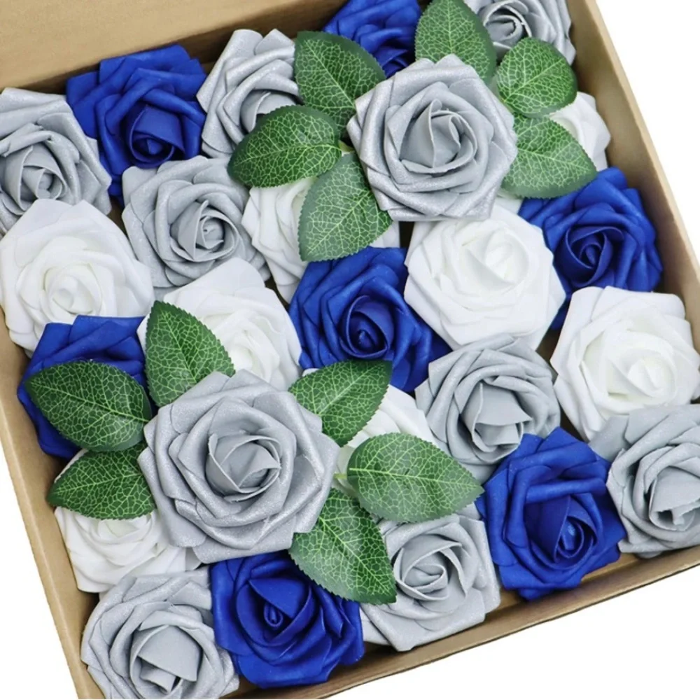 25 Count | Royal Blue Silver White Roses Artificial Wedding Bouquet Centerpiece